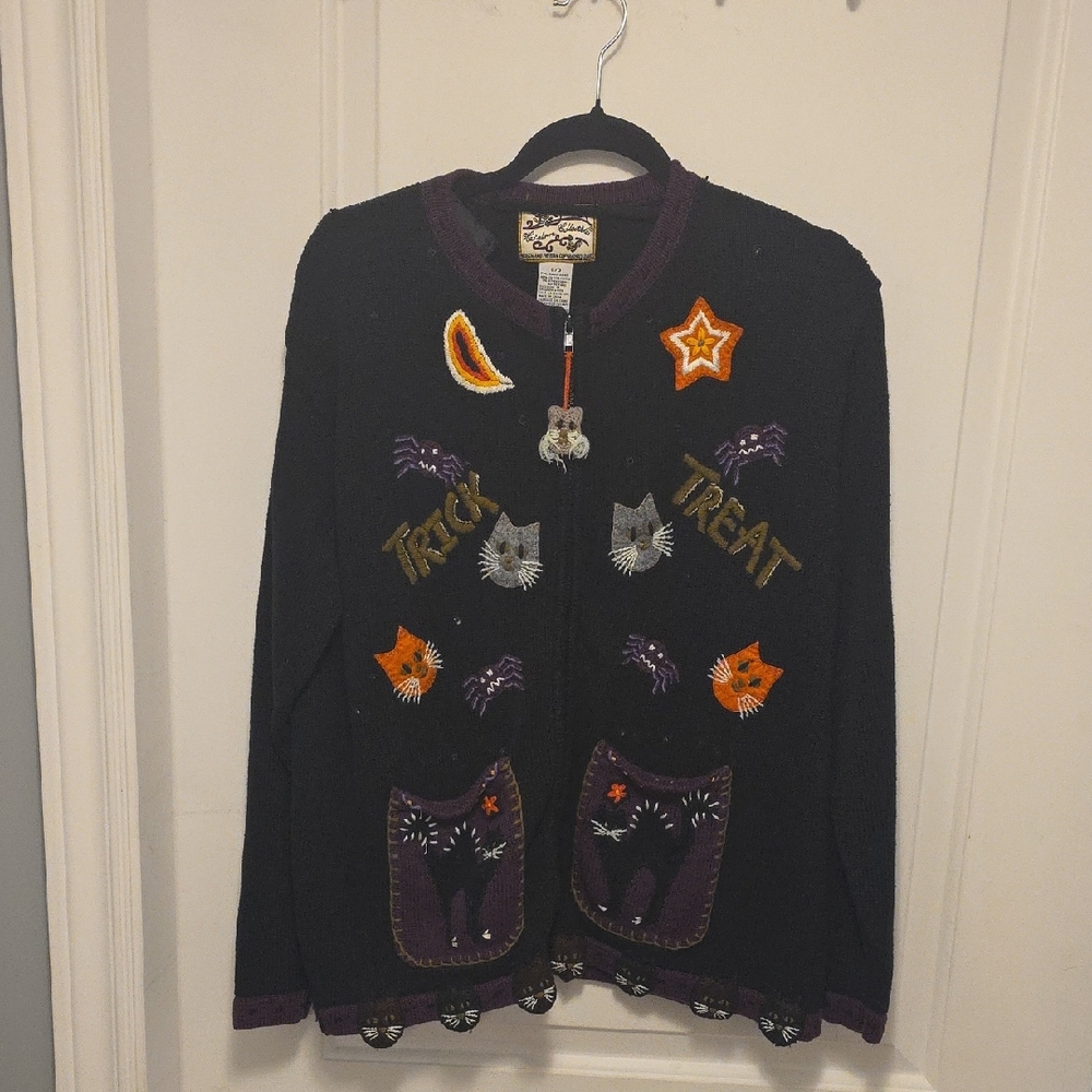 Cute Cat Heirloom Collectibles Halloween Themed Black Zip Up Sweater Size L